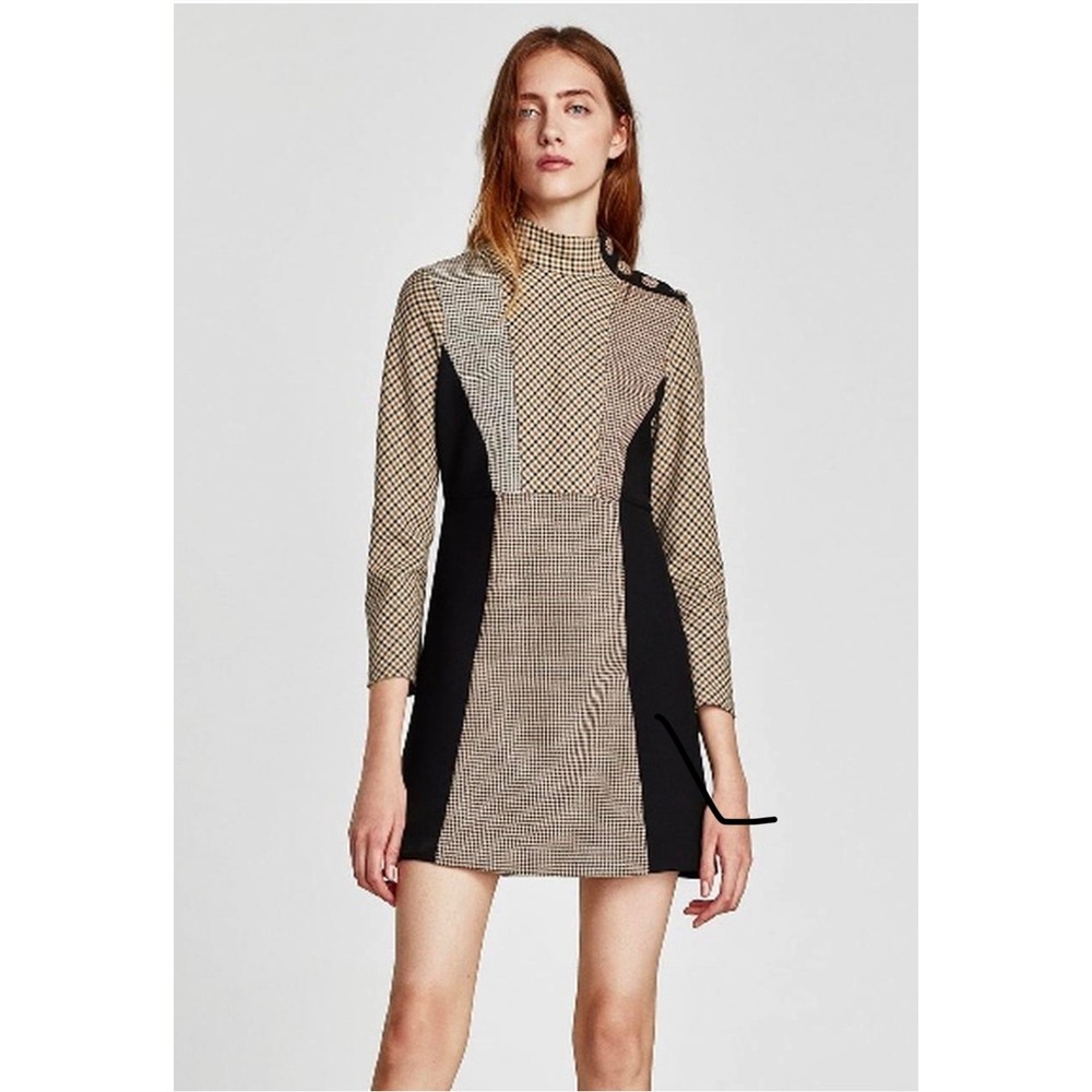 Zara Woman Patchwork Houndstooth Plaid Mini Dress Brown Black Mock Neck Large